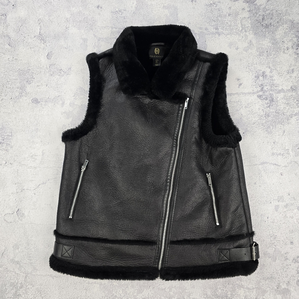 Black Faux Leather Vest with Fur Trim